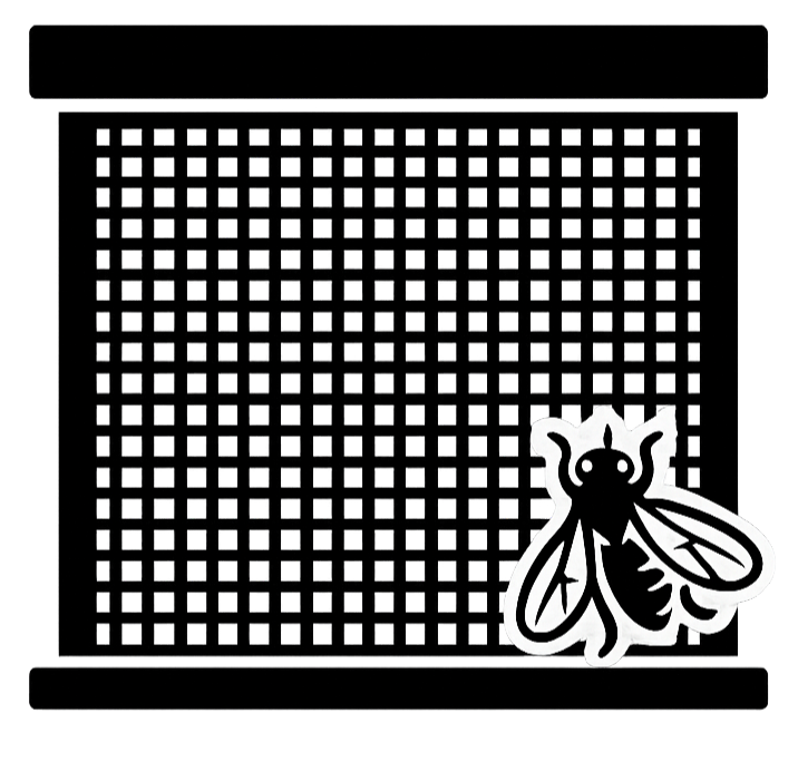 schwarzes Icon zeigt ein Insektenschutzgitter und eine Fliege