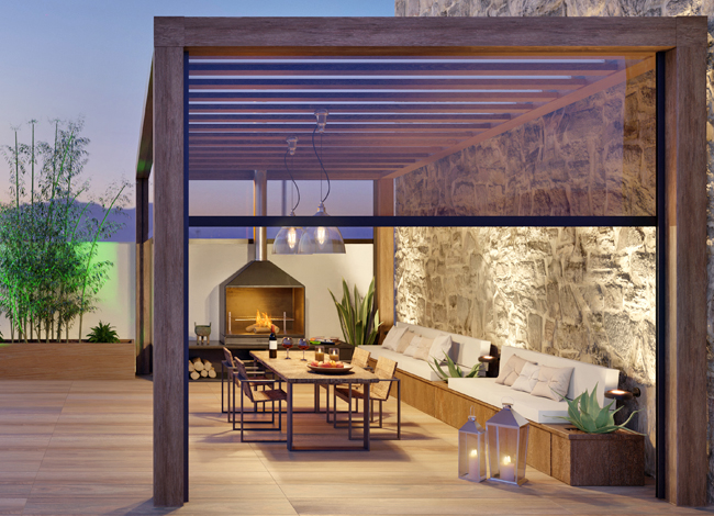 Solar-Rollladen 2 Terrasse mit Pergola und Solar-Zip-Screen als Sonnenschutz halbgeöffnet
